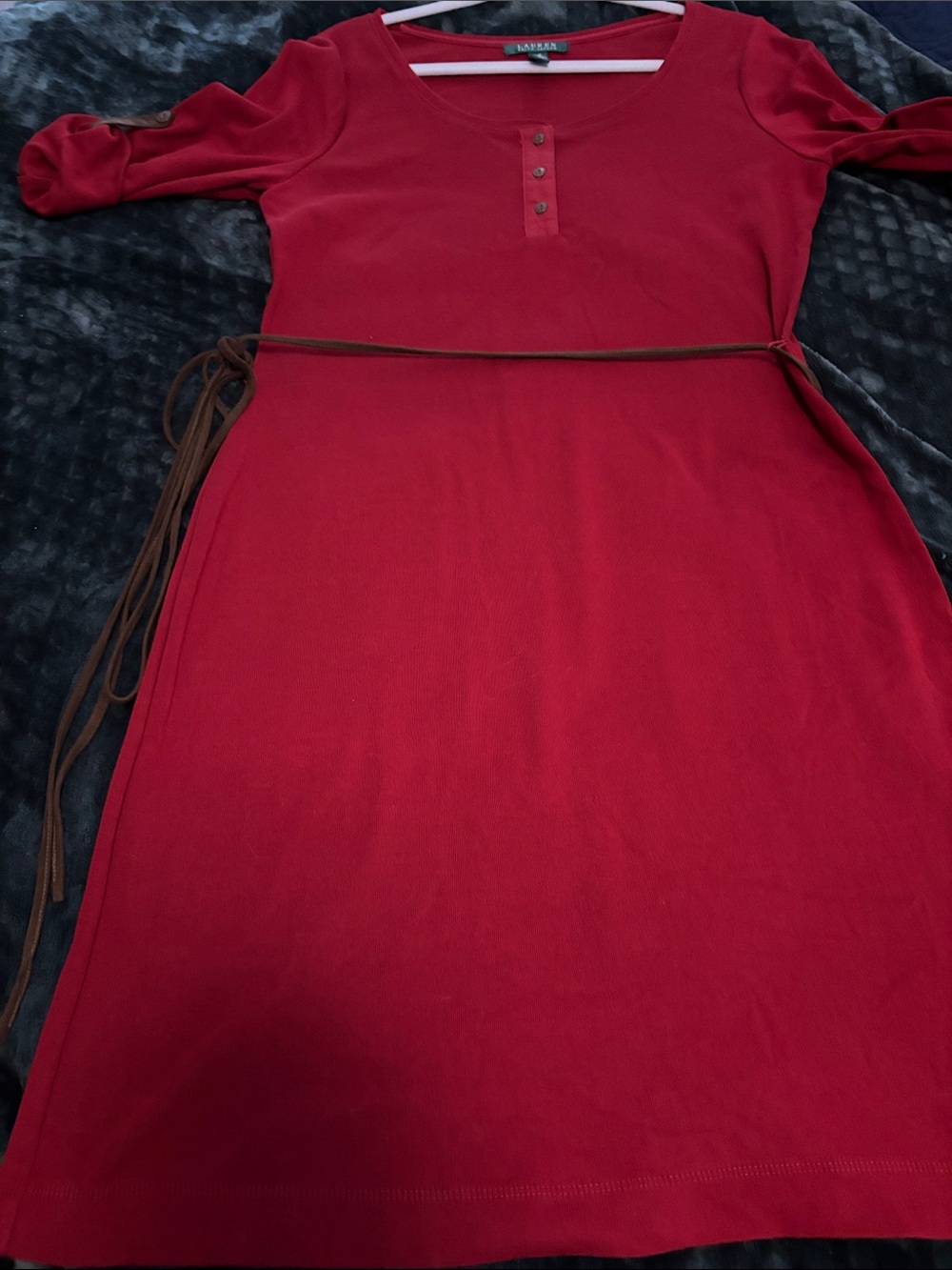 Ralph Lauren Red Henley Midi Dress with Brown Tie Belt Sz L - Picture 10 of 10